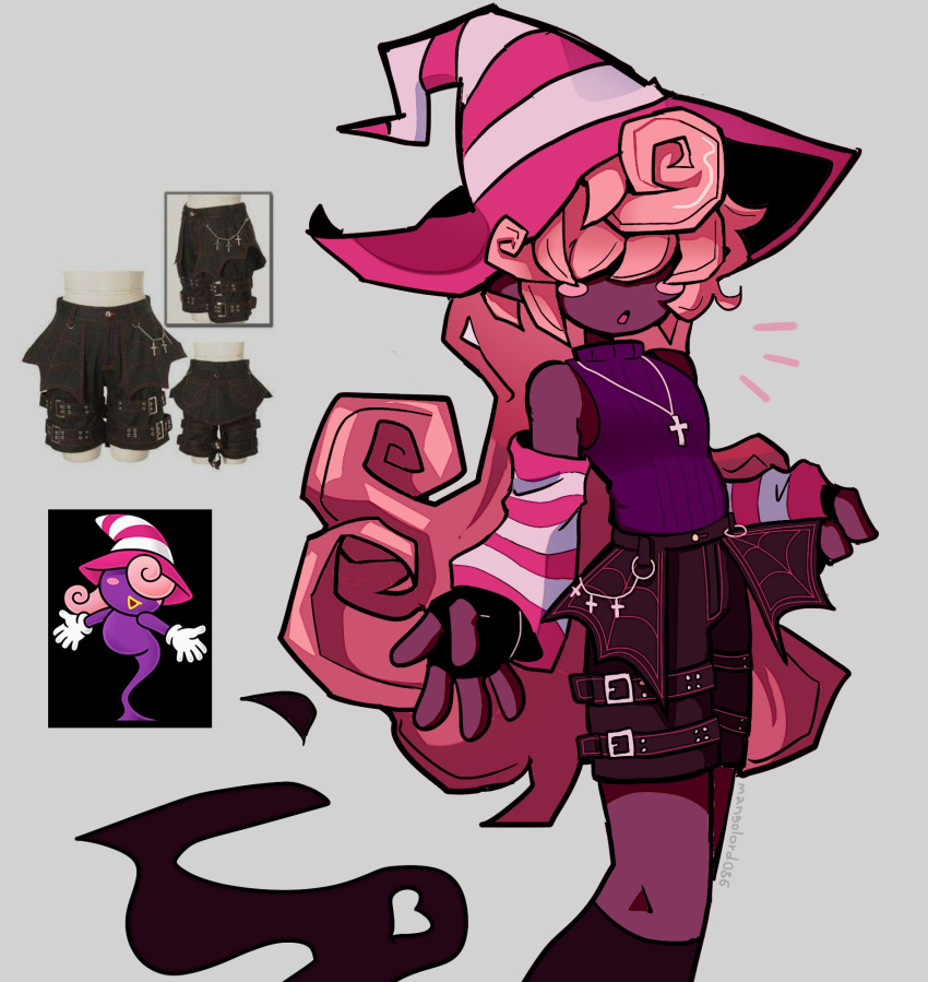 1girl, black_gloves, black_shorts, blush_stickers, cross, cross_necklace, detached_sleeves, fingerless_gloves, ghost_tail, gloves, grey_background, hair_over_eyes, hat, highres, jewelry, long_hair, mangolord, necklace, paper_mario, paper_mario:_the_thousand_year_door, parted_lips, pink_hair, purple_shirt, reference_inset, shirt, shirt_tucked_in, shorts, simple_background, sleeveless, sleeveless_shirt, solo, striped_clothes, striped_headwear, super_mario_bros., very_long_hair, vivian_(paper_mario), witch_hat
