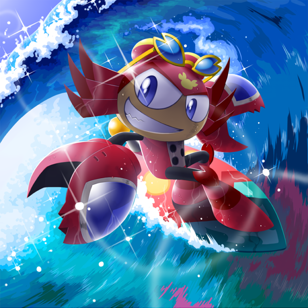 1boy, blue_eyes, cancer_bubble_(mega_man), commentary_request, crab_boy, em_wave_change_(mega_man), eyewear_on_head, grin