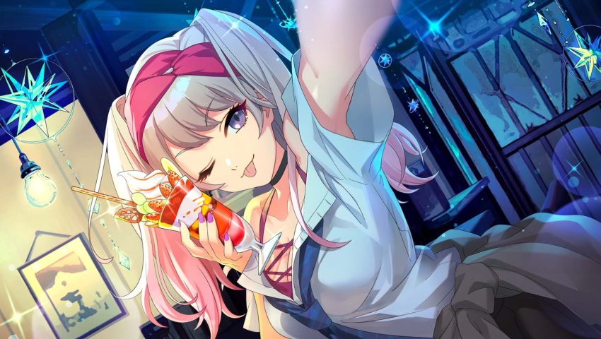 blonde_hair, choker, d_cide_traumerei, ice_cream, mouri_rena, necktie, one_eye_closed, strawberry, tongue_out, violet_eyes, white_shirt