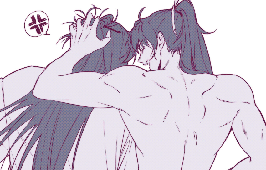 2boys, ahoge, anger_vein, back, chungmyung, closed_eyes, from_behind, hair_bun, hair_ornament, hair_ribbon, hairpin, hand_in_another's_hair, high_ponytail, highres, korean_clothes, korean_commentary, long_hair, male_focus, messy_hair, monochrome, multiple_boys, open_mouth, return_of_the_mount_hua_sect, ribbon, ruffling_hair, shrimpkk, smile, spoken_anger_vein, tang_bo_(return_of_the_mount_hua_sect), toned, toned_male, topless_male