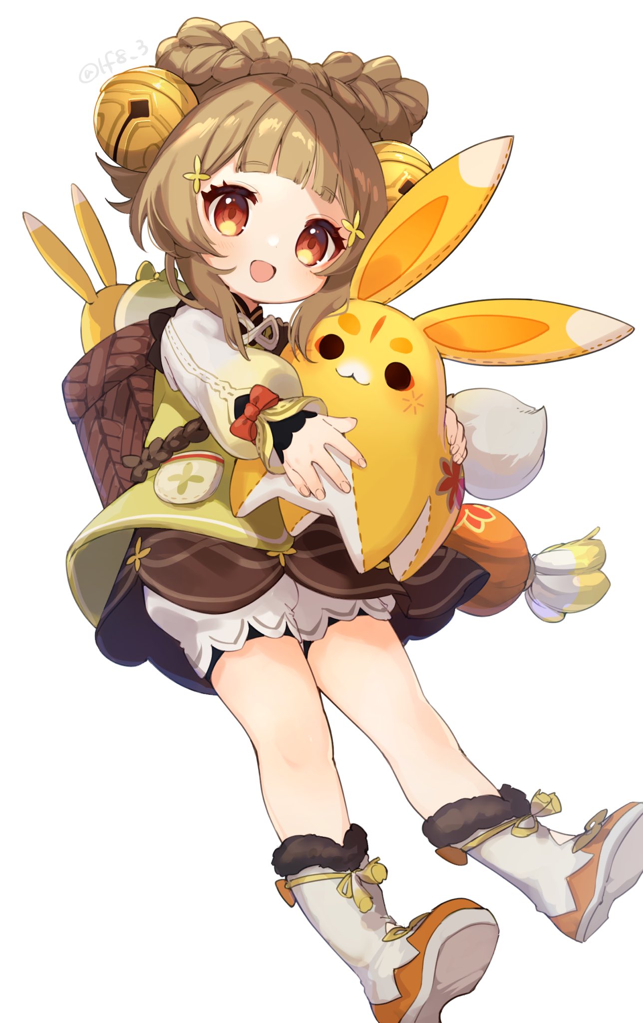 1girl, :3, basket, bell, bloomers, blunt_bangs, blush, boots