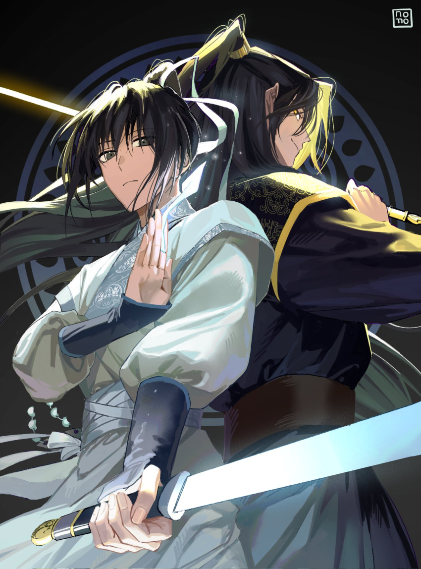 2boys, back-to-back, black_background, black_hair, black_hanbok, brown_eyes, closed_mouth, expressionless, glowing, glowing_sword, glowing_weapon, hair_ribbon, hair_tie, half_updo, hanbok, high_ponytail, highres, holding, holding_paper, holding_sword, holding_weapon, jinhongi, korean_clothes, korean_commentary, long_hair, long_sleeves, looking_at_another, looking_at_viewer, male_focus, multiple_boys, paper, ribbon, seol_young, shrimpkk, smile, standing, sword, talisman, upper_body, weapon, white_hanbok, white_ribbon, yellow_eyes, zaha