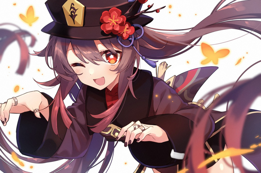1girl, black_hat, black_nails, black_shorts, blush, brown_hair, bug, butterfly