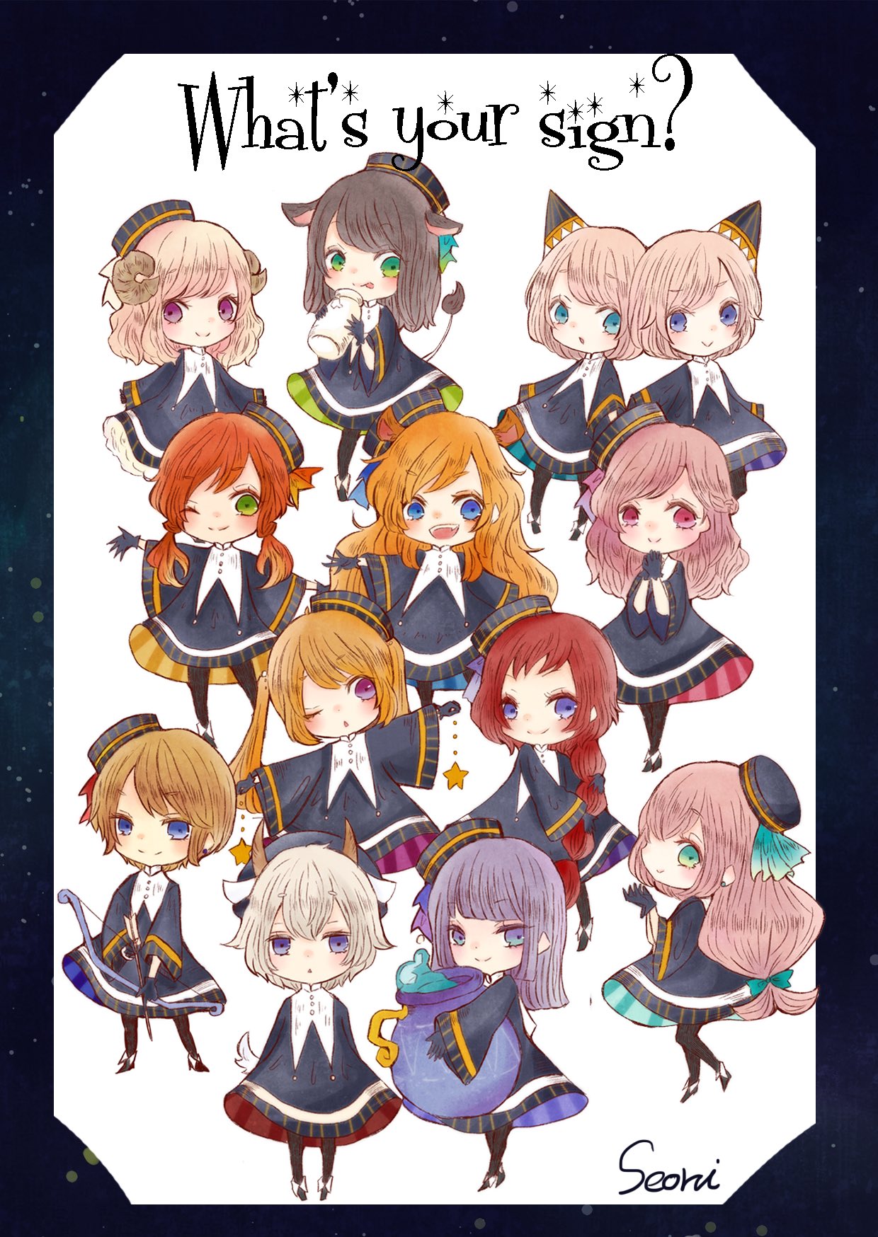 6+girls, animal_ears, aquarius_(zodiac), aries_(zodiac), arms_behind_back, arrow_(projectile), black_dress, black_footwear