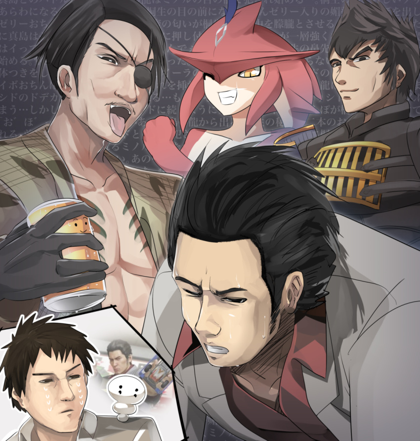 5boys, beer_can, black_eyes, black_hair, black_shirt, blazer, can, character_request
