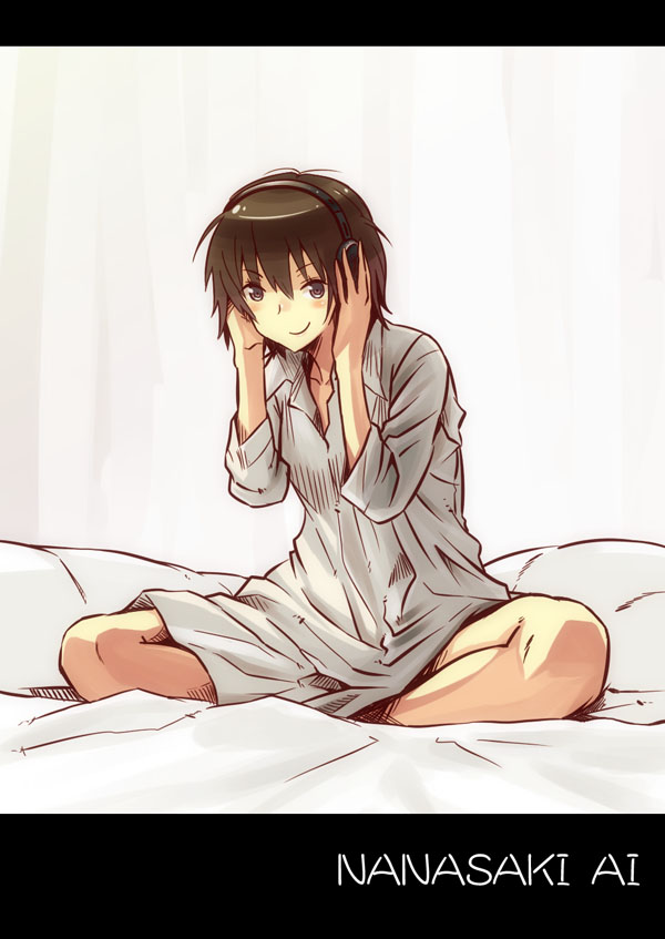 1girl, amagami, black_eyes, black_hair, dress_shirt, headphones, nanasaki_ai, shirt