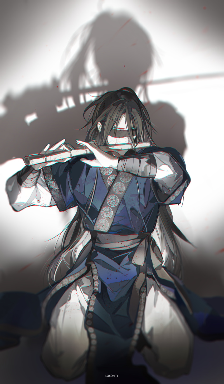 1boy, artist_name, black_blindfold, black_hair, blindfold, blood, blood_on_clothes, blood_on_face, blood_splatter, blue_hanbok, blurry, chromatic_aberration, depth_of_field, different_shadow, flute, hair_down, hanbok, high_ponytail, highres, holding, holding_flute, holding_instrument, holding_sword, holding_weapon, instrument, jinhongi, korean_clothes, korean_commentary, long_hair, long_sleeves, male_focus, music, pants, playing_flute, playing_instrument, seiza, seo_jun, serenity0712, shadow, sitting, solo, suicide, sword, transverse_flute, weapon, white_pants