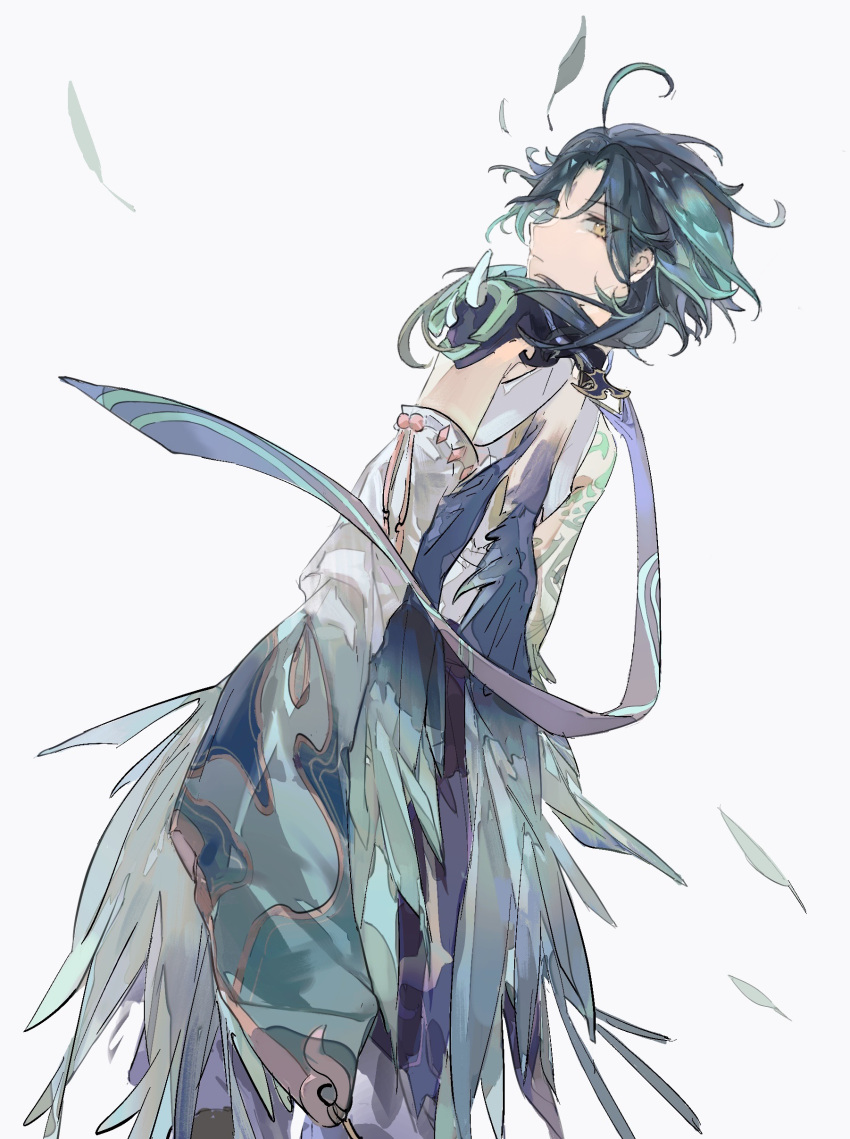 1boy, absurdres, ahoge, arm_tattoo, armor, black_hair, cidao84194, detached_sleeves, expressionless, feathered_wings, genshin_impact, green_hair, highres, looking_at_viewer, looking_back, male_focus, multicolored_hair, pauldrons, short_hair, shoulder_armor, simple_background, single_bare_shoulder, single_pauldron, sleeves_past_fingers, sleeves_past_wrists, solo, standing, tattoo, two-tone_hair, white_background, wings, xiao_(genshin_impact), yellow_eyes