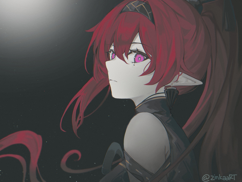 1girl, absurdres, armpit_crease, bare_shoulders, black_background, black_bodysuit, black_hairband, black_tassel