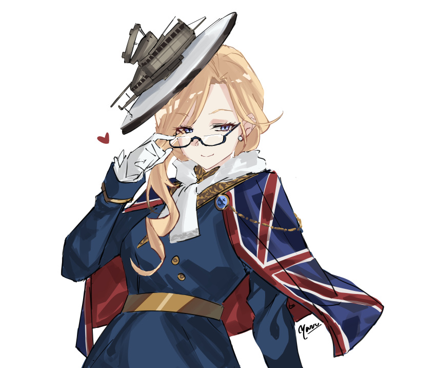 1girl, absurdres, adjusting_clothes, adjusting_gloves, animal_ears, ascot, azur_lane, blonde_hair, blue_dress, blue_eyes, breasts, dress, earrings, glasses, gloves, hat, heart, highres, hood_(azur_lane), jewelry, long_dress, looking_at_viewer, medium_breasts, signature, simple_background, smug, solo, union_jack_print, upper_body, white_ascot, white_background, white_gloves, white_hat, yazu_(zoddiacz)