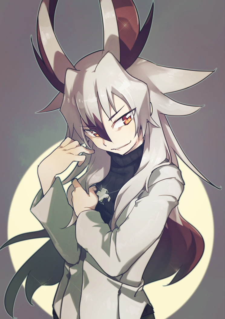 1boy, commentary_request, future_card_buddyfight, gaen_kyouya, grey_background, hair_between_eyes, hair_horns, hisaboden