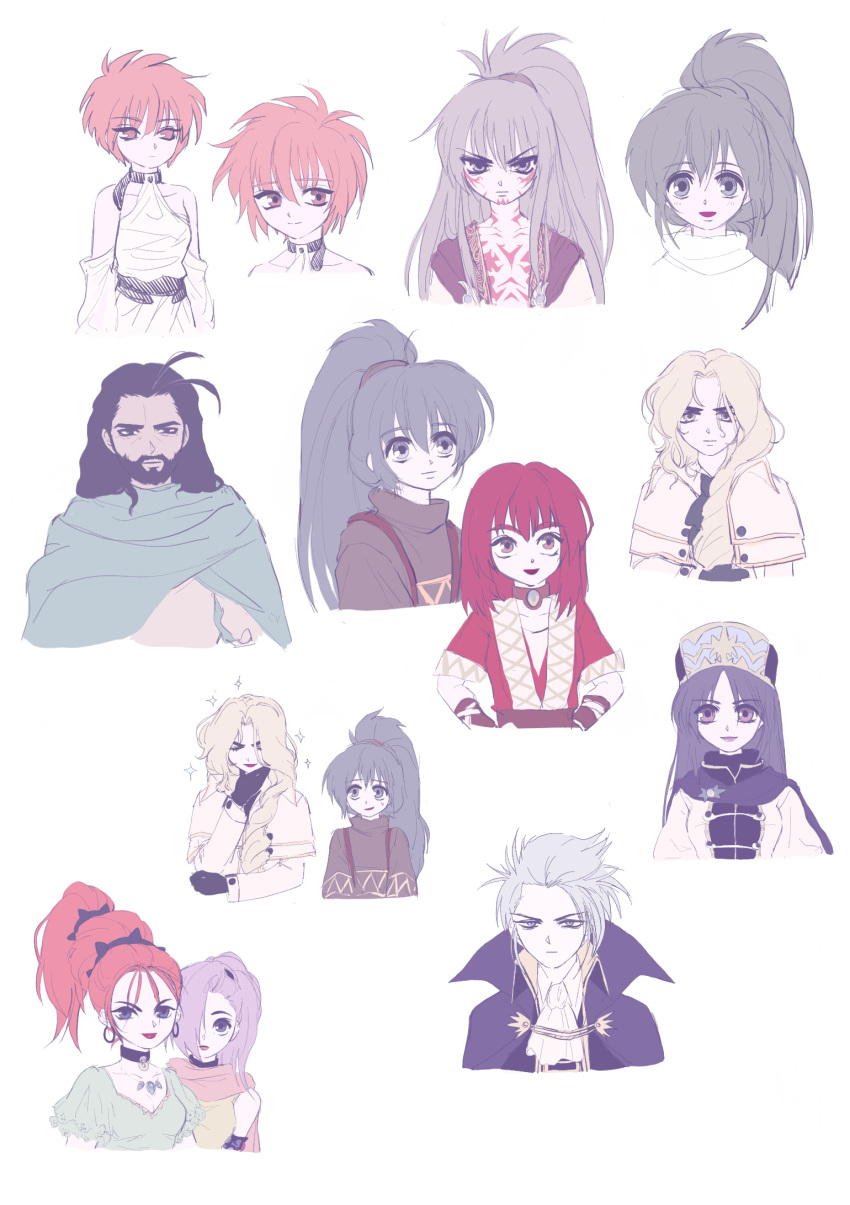 4boys, 5girls, ai_zarathustra, antenna_hair, arcturus, ascot, beard, black_coat, black_gloves, black_hair, blonde_hair, blue_cloak, breasts, brown_shirt, carrot_aarseth, celine_(arcturus), cloak, closed_eyes, closed_mouth, coat, dress, elluard_von_heinberg, facial_hair, full-body_tattoo, gloves, green_shirt, grey_eyes, grey_hair, hair_over_one_eye, hair_over_shoulder, hand_on_own_chin, hat, high_ponytail, highres, korean_commentary, long_hair, maria_kates, mitre, multiple_boys, multiple_girls, multiple_views, ojsten_kreutzer, open_mouth, orange_eyes, orange_hair, parted_bangs, peach_aarseth, pink_scarf, purple_hair, red_dress, red_eyes, redhead, scarf, shirt, siblings, sisters, sizz_flair, sleeveless, sleeveless_dress, sleeveless_shirt, small_breasts, smile, sparkle, tattoo, tenzi_(arcturus), ttyo_(yon), upper_body, violet_eyes, white_ascot, white_background, white_coat, yellow_shirt