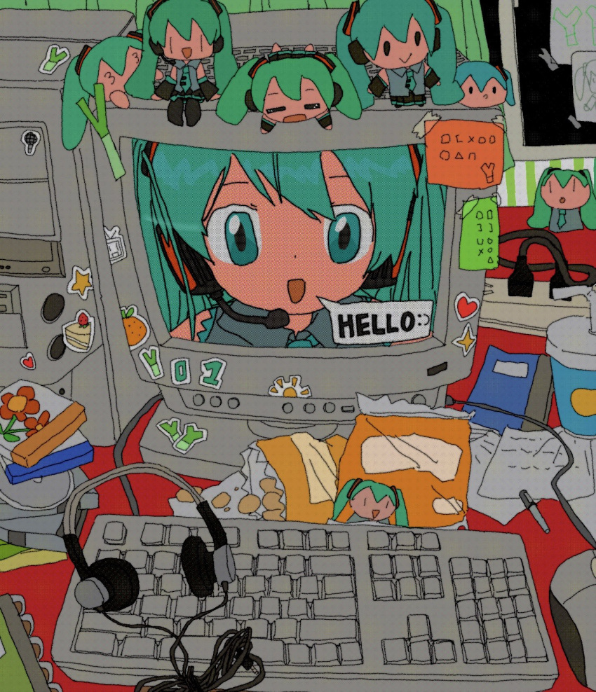1girl, bag_of_chips, blue_eyes, blue_hair, cable, character_doll, collared_shirt, commentary, computer, computer_tower, crt, cup, disc, disposable_cup, english_text, grey_shirt, hatsune_miku, headphones, headset, highres, indoors, keyboard_(computer), kousou_(vanilla_rkgk), long_hair, looking_at_viewer, mouse_(computer), note, notebook, open_mouth, pen, power_strip, shirt, sleeveless, sleeveless_shirt, smile, solo, speech_bubble, sticker, table, twintails, vocaloid