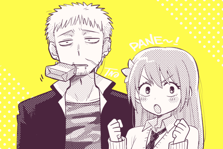 1boy, 1girl, bags_under_eyes, beelzebub_(manga), blush, camouflage, camouflage_shirt, collarbone
