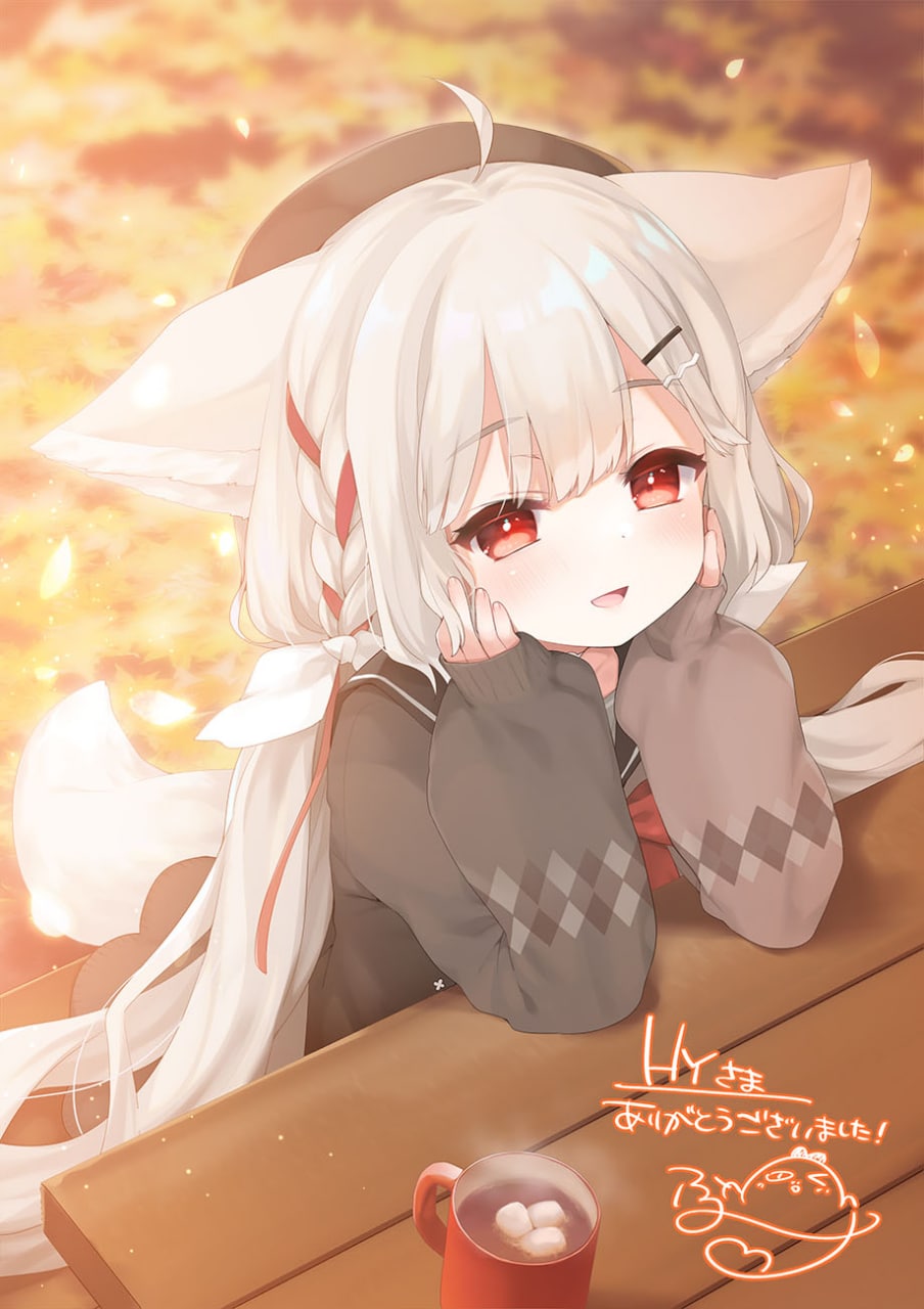 1girl, ahoge, animal_ear_fluff, animal_ears, argyle_clothes, argyle_sleeves, autumn, beret