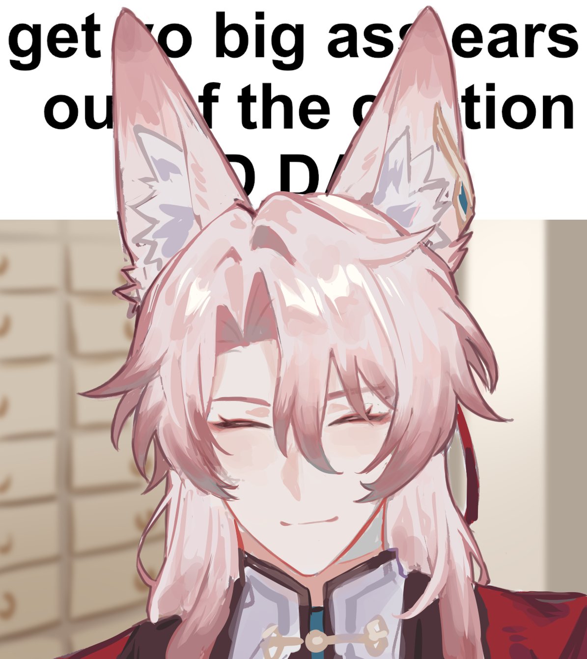 1boy, animal_ear_fluff, animal_ears, ardumon0, bishounen, brown_background, closed_eyes, closed_mouth, ear_piercing, english_text, facing_viewer, fox_boy, fox_ears, get_them_bigass_ears_out_of_the_caption_(meme), highres, honkai:_star_rail, honkai_(series), jiaoqiu_(honkai:_star_rail), long_hair, male_focus, meme, piercing, pink_hair, smile, solo, upper_body