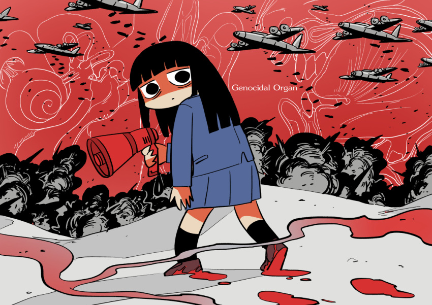 1girl, aircraft, airplane, bernard-jou_iwaku., black_eyes, black_hair, blood, blunt_bangs, bomb, bomber, carpet_bombing, explosion, explosive, gyakusatsu_kikan, holding, holding_megaphone, kanbayashi_shiori, long_hair, megaphone, military_vehicle, pleated_skirt, school_uniform, skirt, y-take-it