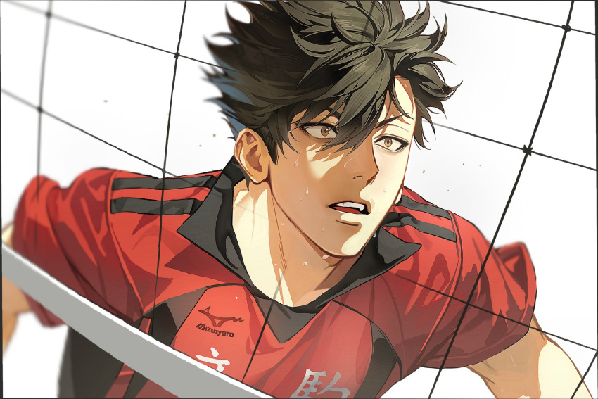 black_hair, blurry, brown_eyes, collared_shirt, depth_of_field, haikyuu!!, hair_between_eyes, highres