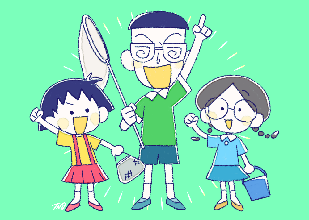 1boy, 2girls, arm_up, black_hair, blue_footwear, blue_shirt, blush_stickers, bowl_cut
