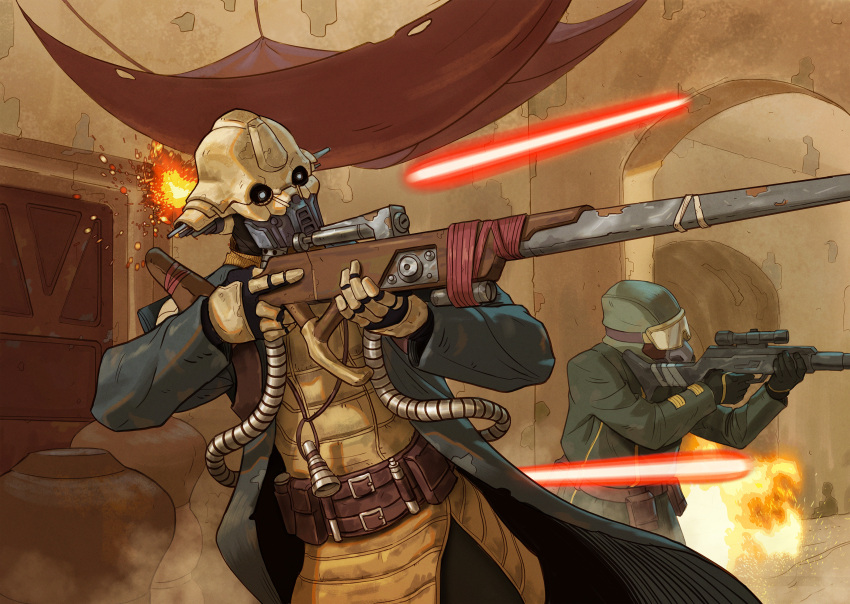 2boys, absurdres, alien, belt, benthic, black_coat, brown_belt, coat