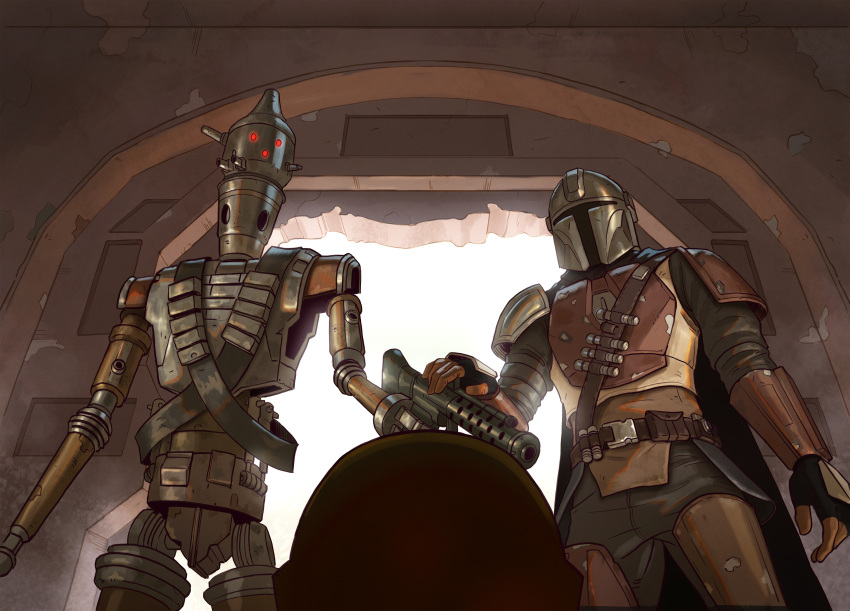 1boy, 1other, absurdres, armor, belt, breastplate, gun, helmet