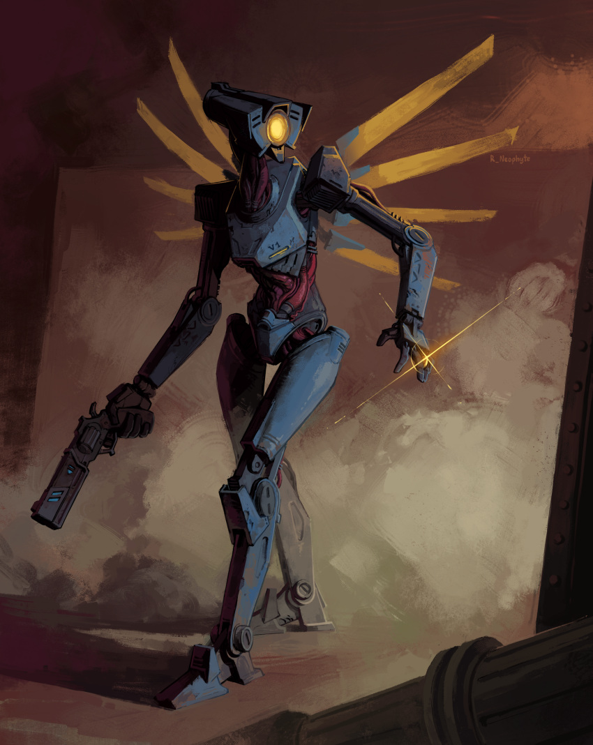 absurdres, blood, coin, dust_cloud, energy_wings, glint, gold_coin, gun, handgun, highres, holding, holding_weapon, humanoid_robot, mechanical_wings, one-eyed, revolver, robot, roving_neophyte, science_fiction, ultrakill, v1_(ultrakill), weapon, wings, wire, wiring