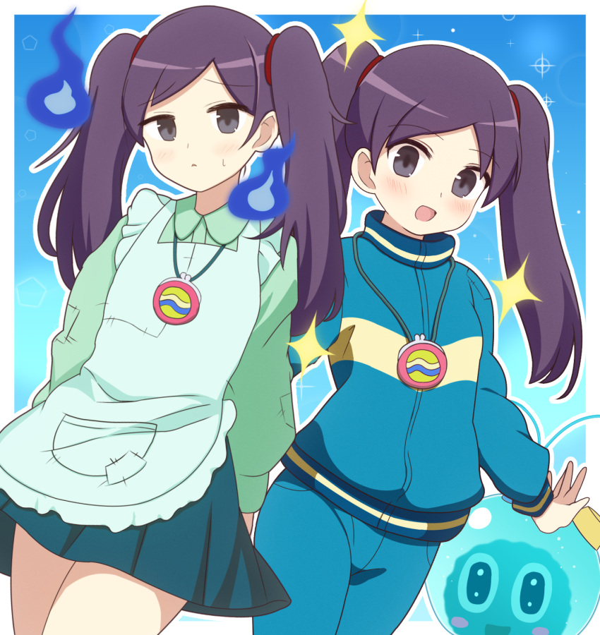 2girls, apron, aquaman.exe, blue_background, blue_jacket, blue_pants, blue_skirt, blush