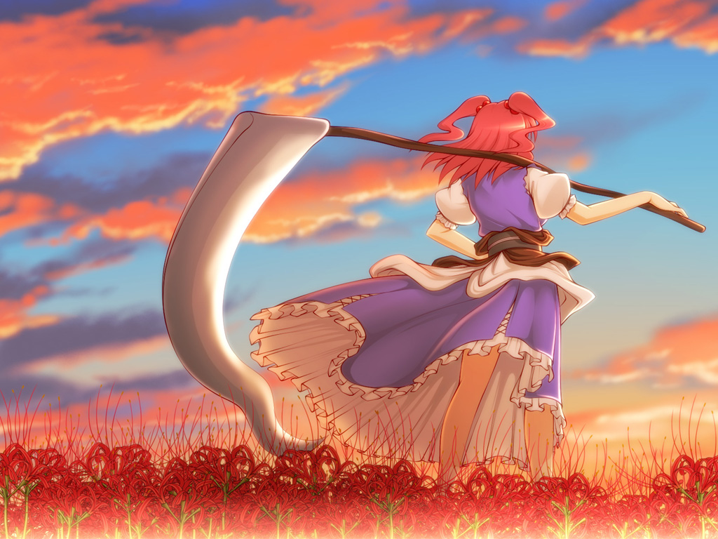 flower, from_behind, genjuu_rou, hair_bobbles, hair_ornament, onozuka_komachi, red_hair, redhead, scythe, short_hair, solo, spider_lily, touhou, twintails
