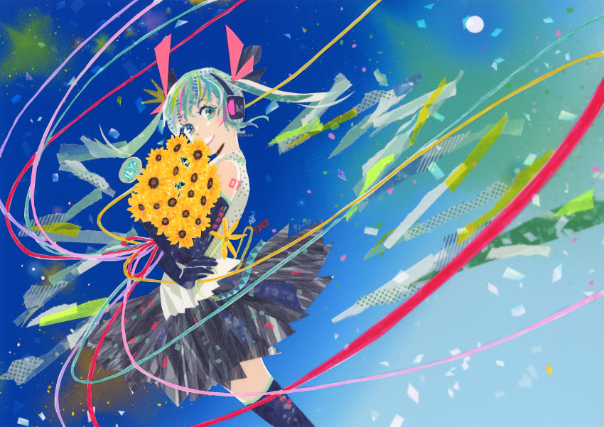 1girl, abstract, aqua_eyes, aqua_hair, bouquet, check_commentary, commentary_request, cowboy_shot