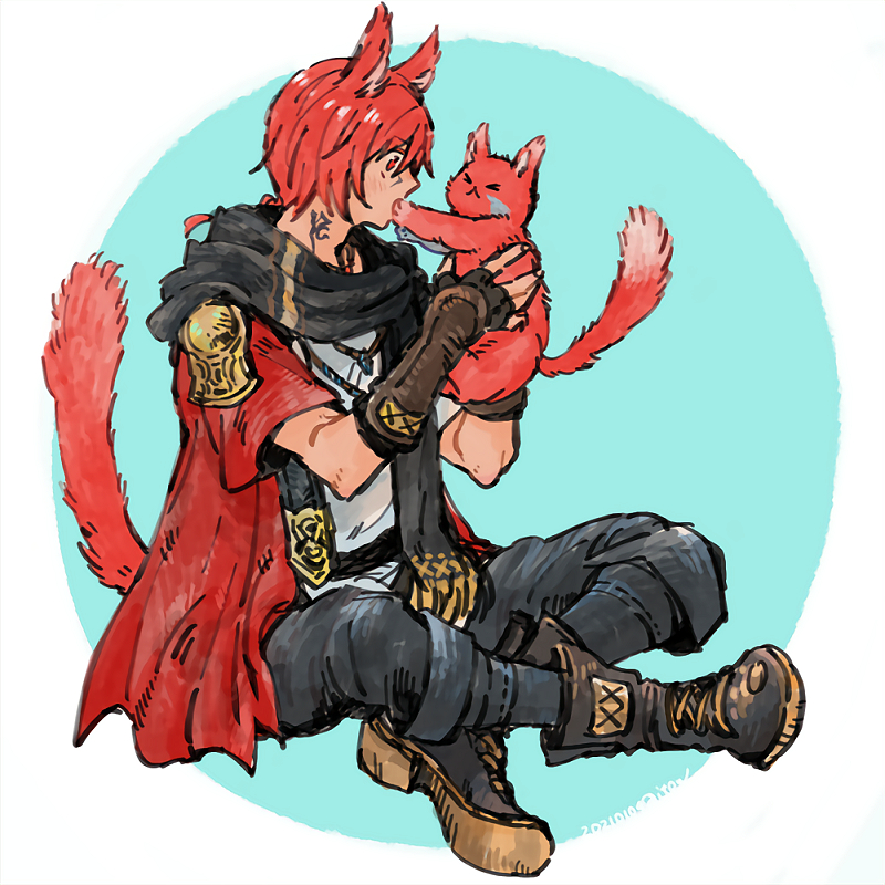 >_<, 1boy, animal, animal_ears, animalization, archon_mark, black_pants, black_scarf