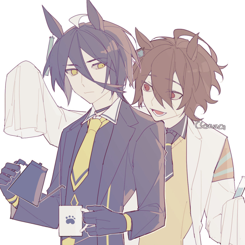 2boys, agnes_tachyon_(umamusume), ahoge, alternate_hair_length, alternate_hairstyle, animal_ears, black_coat, black_gloves