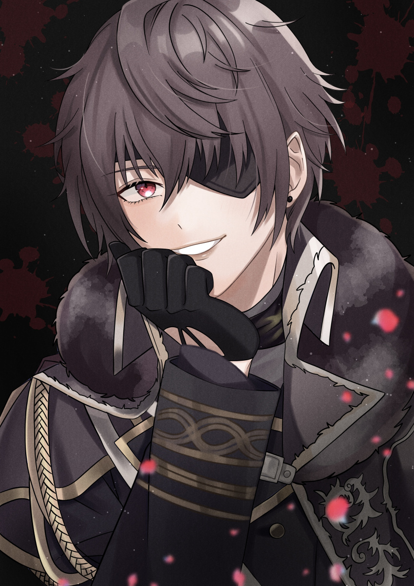 1boy, absurdres, black_background, black_gloves, brown_hair, earrings, eyepatch, fur_trim