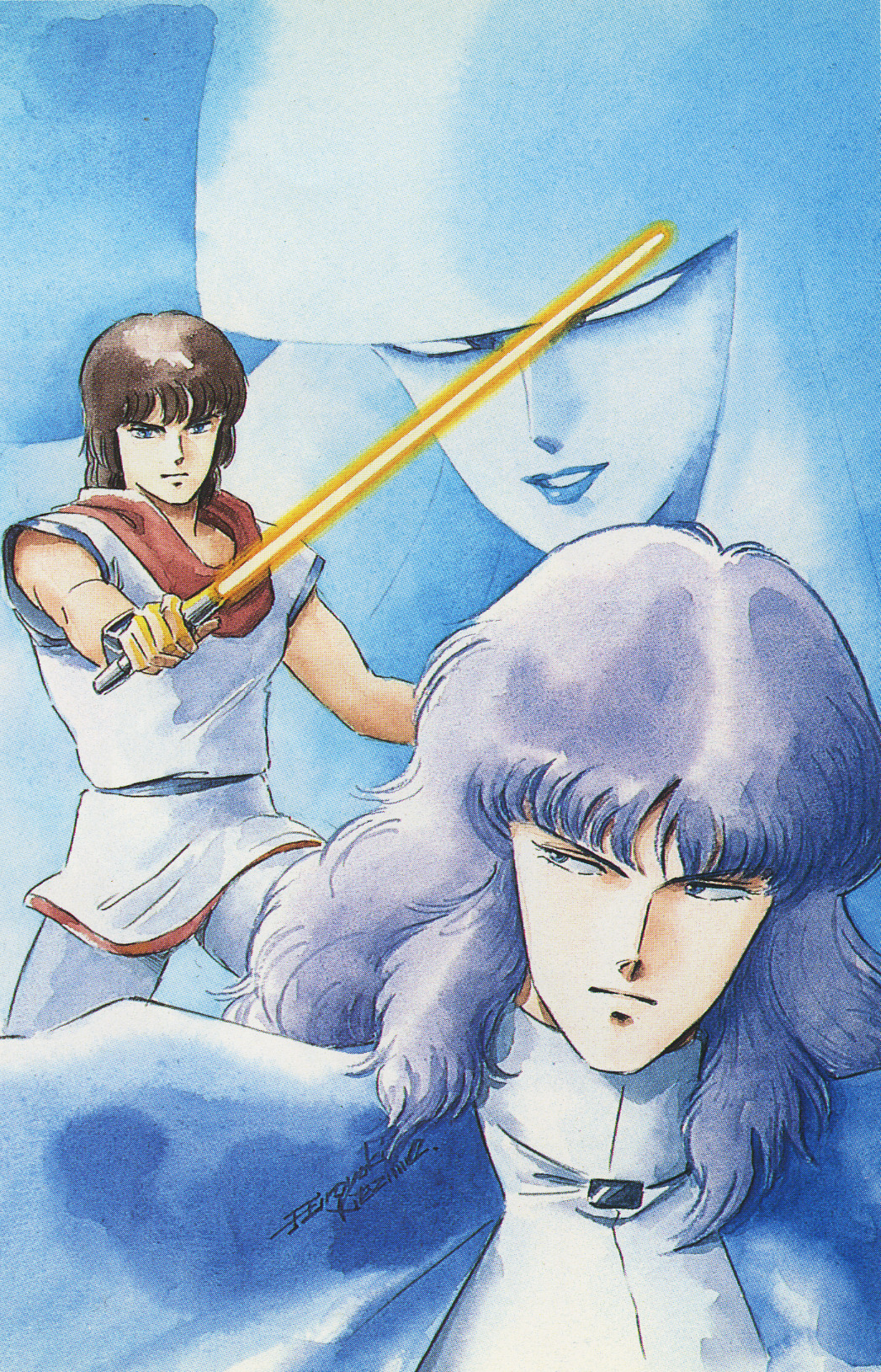 1980s_(style), 1girl, blue_hair, brown_hair, character_request, daba_myroad, energy_sword, evil_eyes