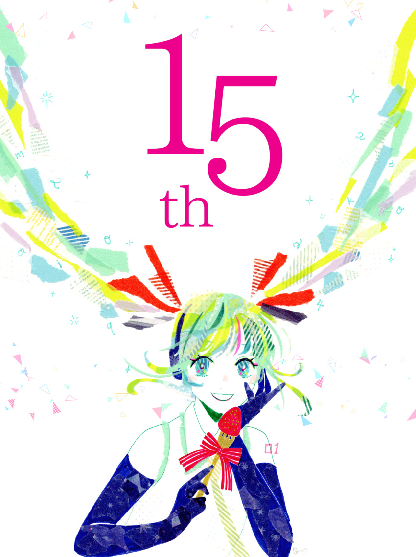 1girl, abstract, absurdres, anniversary, aqua_eyes, aqua_hair, bow, check_commentary