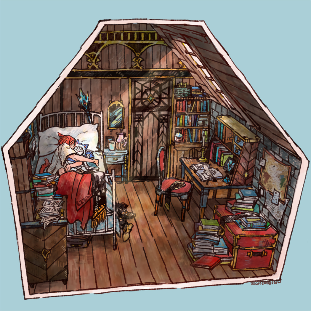 1boy, animal_ears, bed, book, book_stack, bookshelf, box, cabinet