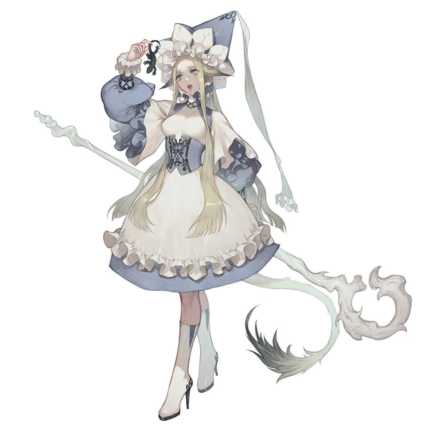 1girl, absurdres, animal, animal_ears, bday_0127, blonde_hair, blue_dress, blue_eyes