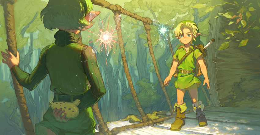 1boy, 1other, 2girls, backpack, bag, bday_0127, blonde_hair, blue_eyes, boots, bridge, brown_footwear, child, dappled_sunlight, day, facing_another, fairy, forest, glowing, green_hair, green_hairband, green_hat, green_theme, green_tunic, hairband, hat, highres, holding, holding_behind_back, holding_instrument, instrument, link, long_sleeves, looking_at_another, multiple_girls, nature, navi, ocarina, outdoors, pointy_ears, rope, rope_bridge, saria_(zelda), short_hair, short_sleeves, standing, sunlight, surprised, sword, sword_on_back, the_legend_of_zelda, the_legend_of_zelda:_ocarina_of_time, turtleneck, weapon, weapon_on_back, wind
