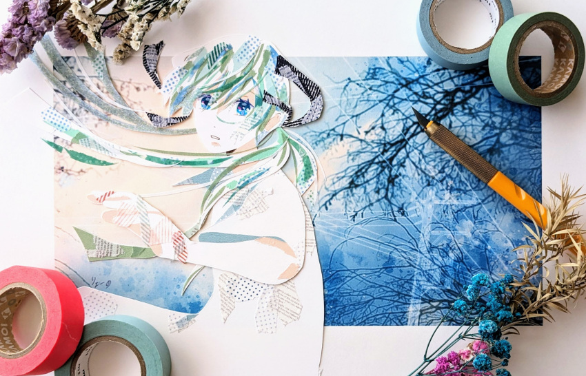 1girl, abstract, aqua_hair, art_tools_in_frame, blue_eyes, collage, commentary_request, dress