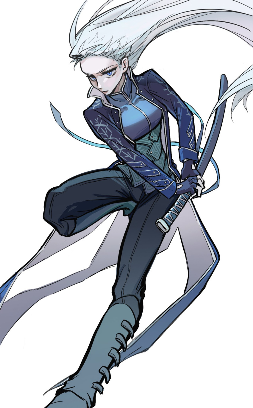 1girl, bbfrog, black_gloves, blue_coat, breasts, closed_mouth, coat, devil_may_cry_(series), devil_may_cry_5, fingerless_gloves, genderswap, genderswap_(mtf), gloves, hair_slicked_back, highres, holding, holding_sword, holding_weapon, katana, long_hair, solo, sword, vergil_(devil_may_cry), weapon, white_hair, yamato_(sword)
