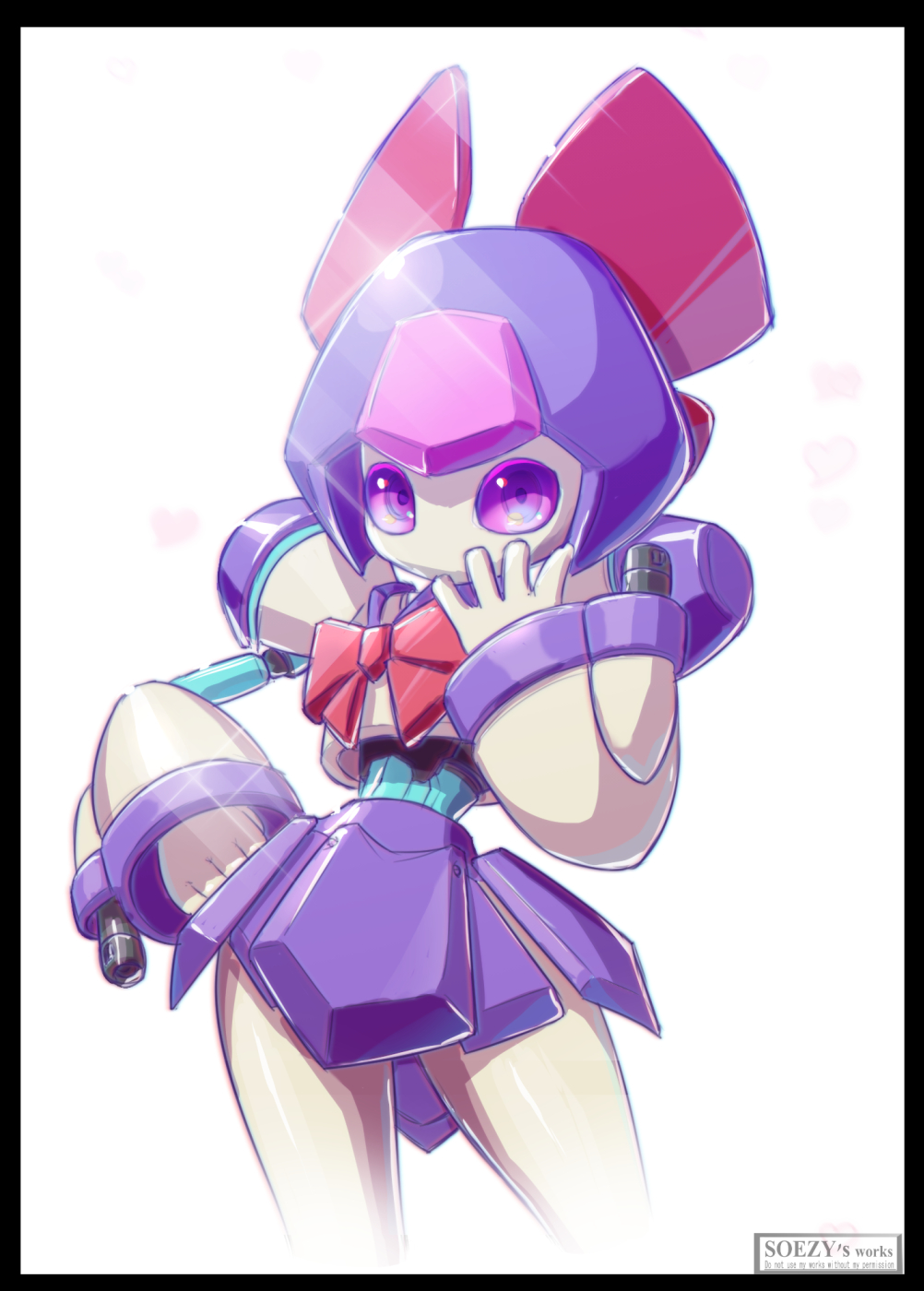 arm_mounted_weapon, bow, bowtie, brass_(medarot), hand_on_own_hip, helmet, highres, humanoid_robot, joints, looking_at_viewer, medarot, no_mouth, oversized_forearms, oversized_limbs, pleated_skirt, purple_skirt, robot, robot_girl, robot_joints, skirt, soezy, violet_eyes, white_background