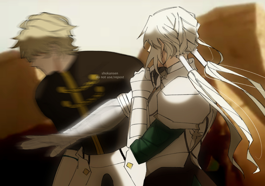 2boys, armor, bedivere_(fate), blonde_hair, blurry, blurry_background, braid, faceless