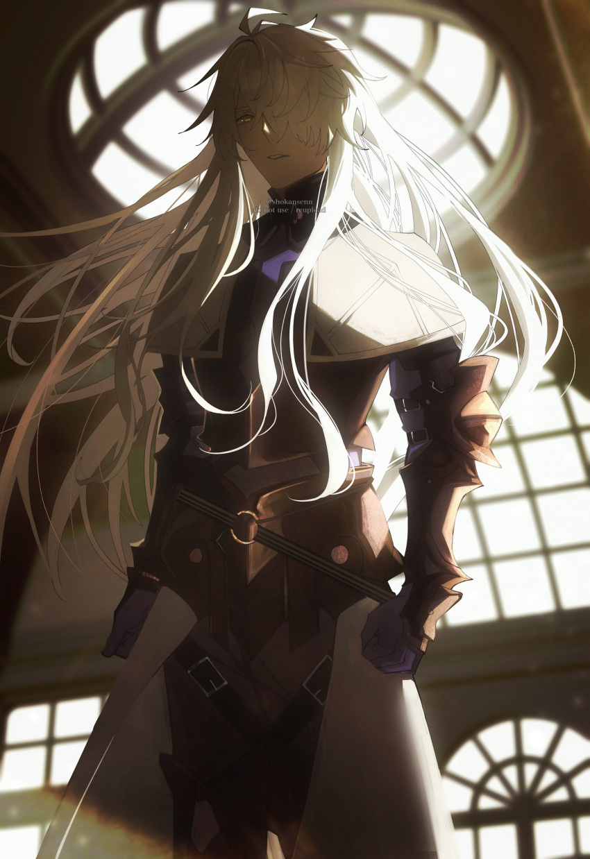 1boy, absurdres, armor, black_armor, cape, clenched_hand, fate/requiem, fate_(series)