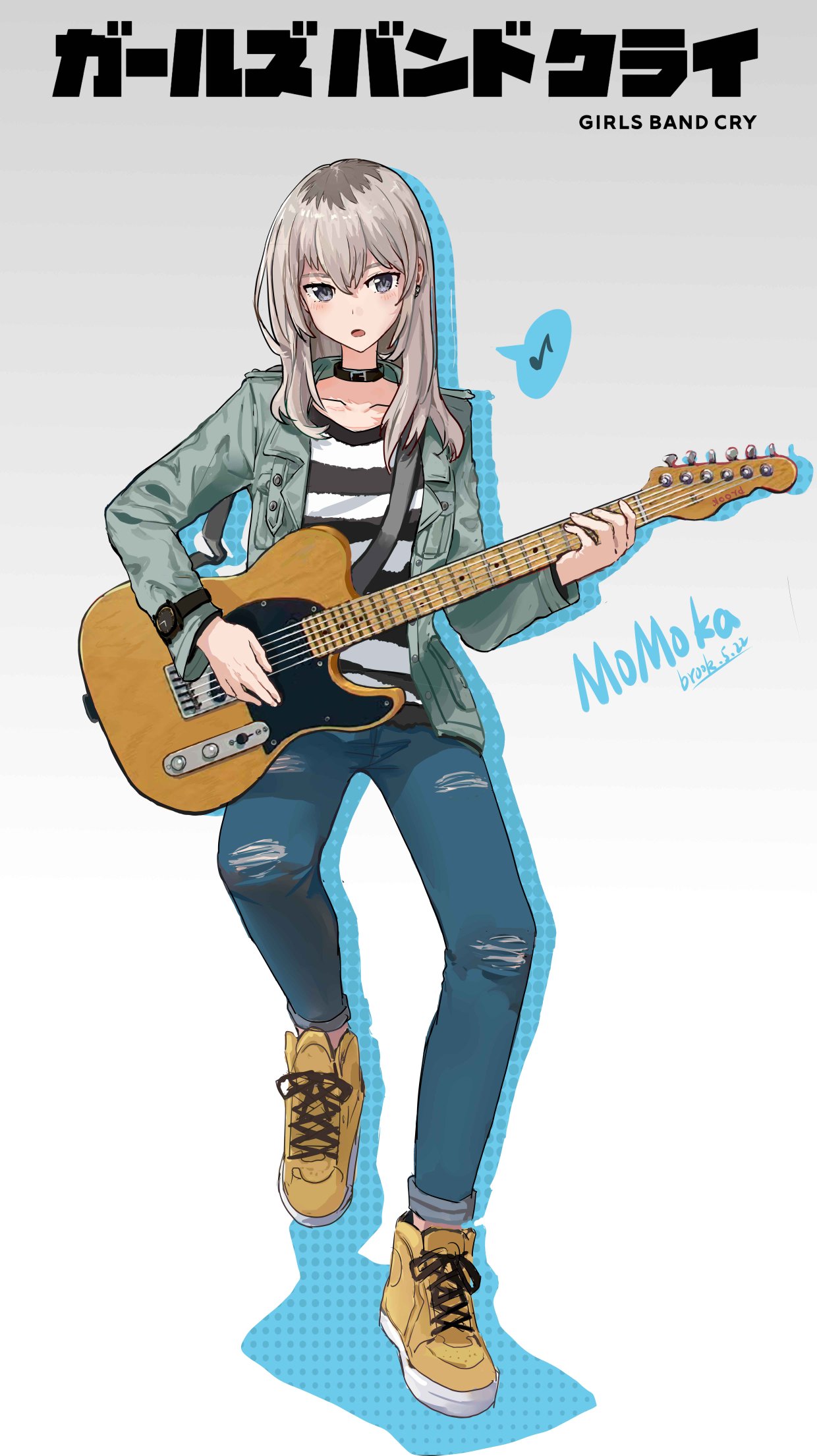 1girl, 33brook33, black_choker, choker, commentary_request, copyright_name, denim, earclip, electric_guitar, full_body, girls_band_cry, gradient_background, green_jacket, grey_background, grey_eyes, grey_hair, guitar, highres, instrument, jacket, jeans, kawaragi_momoka, long_hair, long_sleeves, looking_at_viewer, multicolored_hair, music, musical_note, open_clothes, open_jacket, open_mouth, pants, playing_guitar, roots_(hair), shirt, shoes, singing, sneakers, solo, spoken_musical_note, striped_clothes, striped_shirt, torn_clothes, torn_jeans, torn_pants, watch, watch, white_background, yellow_footwear