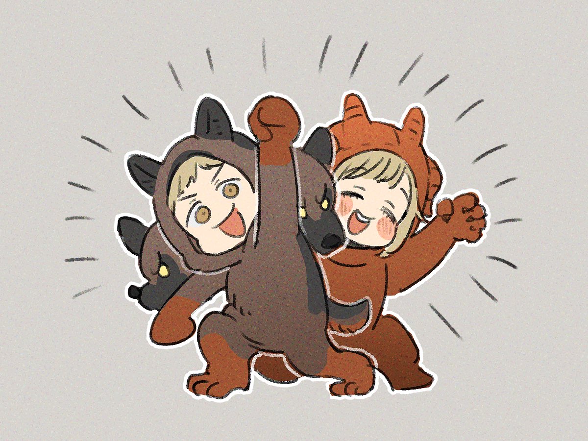 1boy, 1girl, :d, ^_^, amedama094, animal_costume, arm_up, blonde_hair, brother_and_sister, brown_eyes, cerberus, chibi, closed_eyes, cosplay, dog_costume, dragon_costume, dungeon_meshi, falin_touden, full_body, grey_background, grey_hair, happy, laios_touden, light_brown_hair, looking_at_viewer, red_dragon_(dungeon_meshi), red_dragon_(dungeon_meshi)_(cosplay), siblings, simple_background, smile, standing