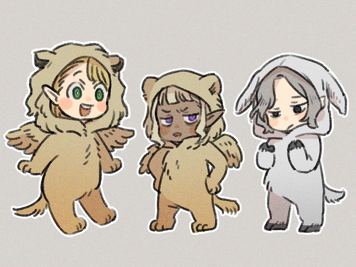 1girl, 2boys, :d, amedama094, animal_costume, asymmetrical_bangs, blonde_hair, blush