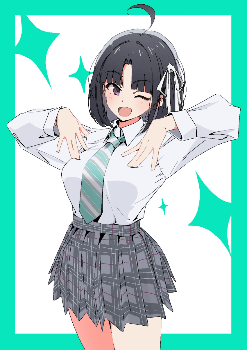 1girl, ahoge, awa_subaru, black_hair, blush, border, breasts, collared_shirt