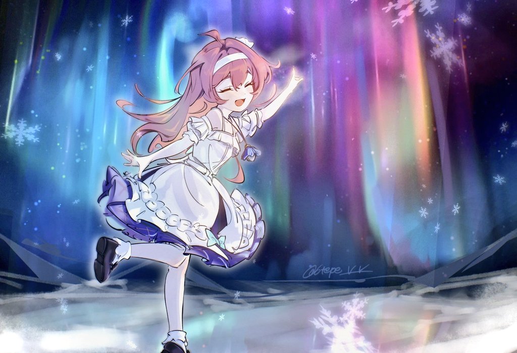 1girl, 6tepe_v_v, ahoge, arm_up, artist_name, aurora, black_footwear, blue_bow