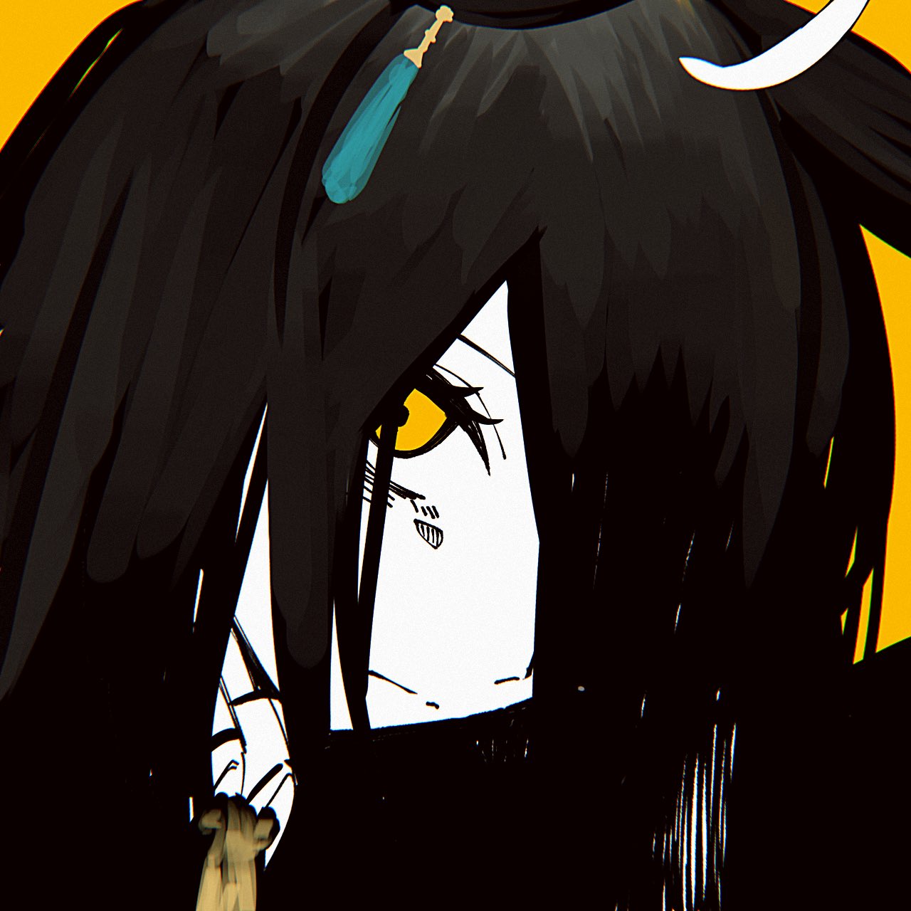 1girl, ahoge, animal_ears, black_jacket, ear_tag, earrings, eyelashes, hair_over_one_eye, highres, horse_ears, horse_girl, jacket, jewelry, limited_palette, long_hair, looking_at_viewer, manhattan_cafe_(umamusume), mokkedon, multicolored_hair, necktie, shirt, single_earring, solo, umamusume, white_hair, white_shirt, yellow_background, yellow_eyes, yellow_necktie