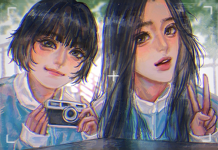 2girls, black_hair, blue_jacket, brown_eyes, bubble_gum_(newjeans), camera, chinese_commentary, forehead