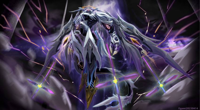 1boy, alternate_form, armor, chinese_commentary, claws, commentary_request, egami63978427, from_below, full_body, halo, honkai_(series), honkai_impact_3rd, kevin_kaslana, large_wings, midair, monster, shoulder_armor, tagme, white_wings, wings, yellow_footwear